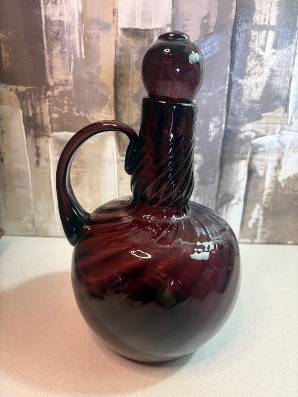 Vintage Amethyst Purple Art Glass Pitcher Decanter Hand Blown Swirl with Stopper
